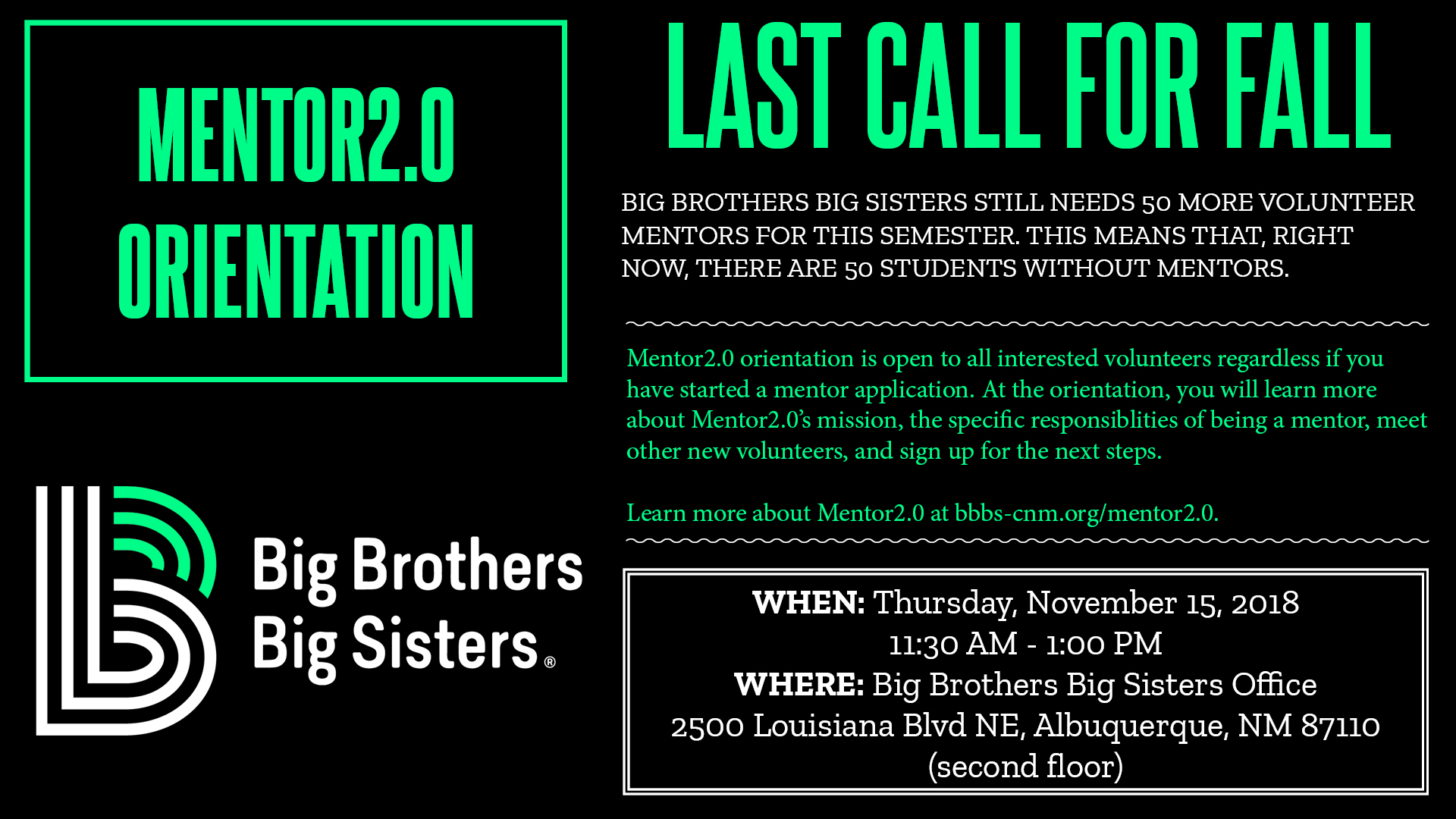 Last Call for Fall - Mentors Needed for Mentor2.0 - Big Brothers Big Sisters of Central New Mexico Youth Mentoring